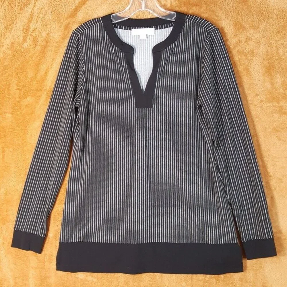 MICHAEL KORS Womens Top Medium Black Stripe Tunic Slinky Jersey Stretch Pullover
